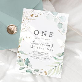 Invitación Airy Greenery y Gold Leaf First Birday Party
