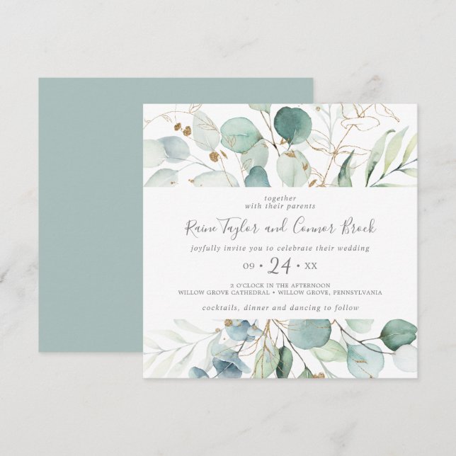 Invitación Airy Greenery y Gold Leaf Square Boda (Anverso / Reverso)