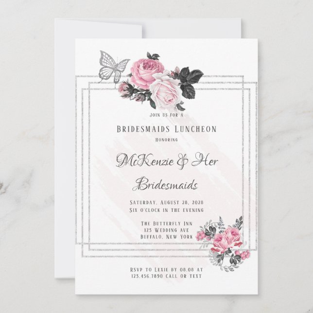 Invitación Airy Pink Black Peony Silver Bridesmaids Luncheon (Anverso)