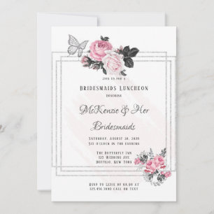 Invitación Airy Pink Black Peony Silver Bridesmaids Luncheon