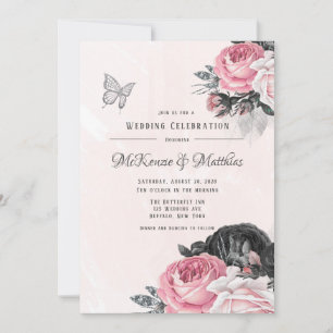 Invitación Airy Pink Black Peony Silver Butfly Boda