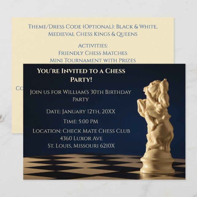 Invitación Ajedrez Knight Fiesta de cumpleaños 30 azul (Anverso / Reverso)
