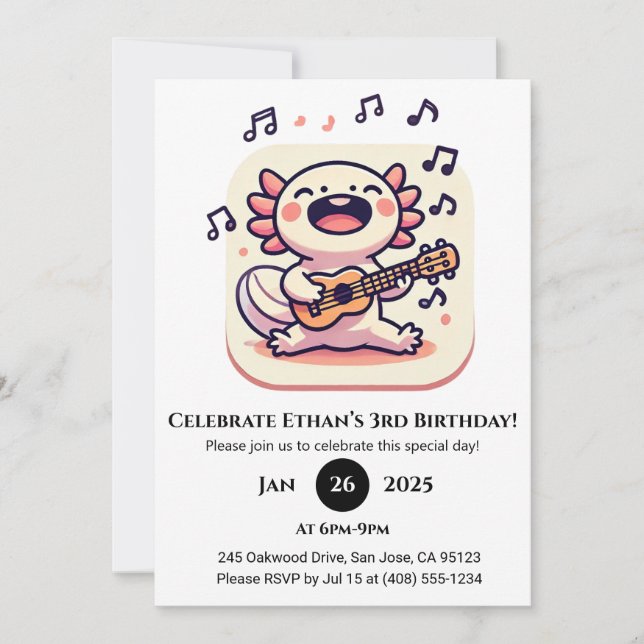 Invitación Ajolote Cantando con Ukulele Cumpleaños (Anverso)