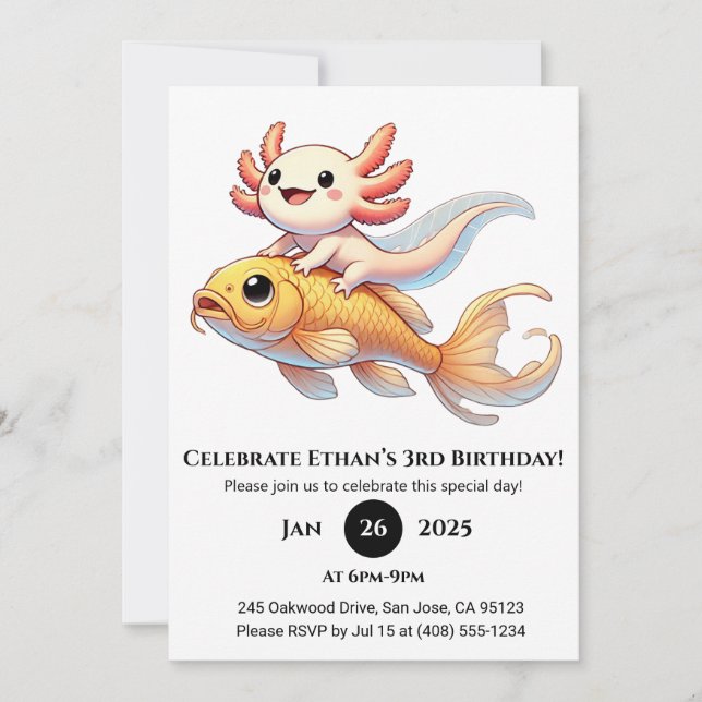 Invitación Ajolote en cumpleaños de koi (Anverso)