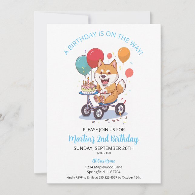 Invitación Akita en bicicleta con Fiesta de Pastel de Cumplea (Anverso)
