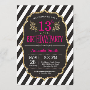 Invitación al 13º cumpleaños. Purpurina negro y or