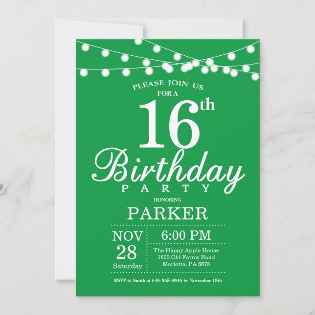 Invitación al 16º cumpleaños Verde (Anverso)