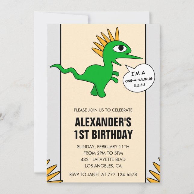 Invitación al 1er cumpleaños de Dinosaurio Uno-a-s (Anverso)