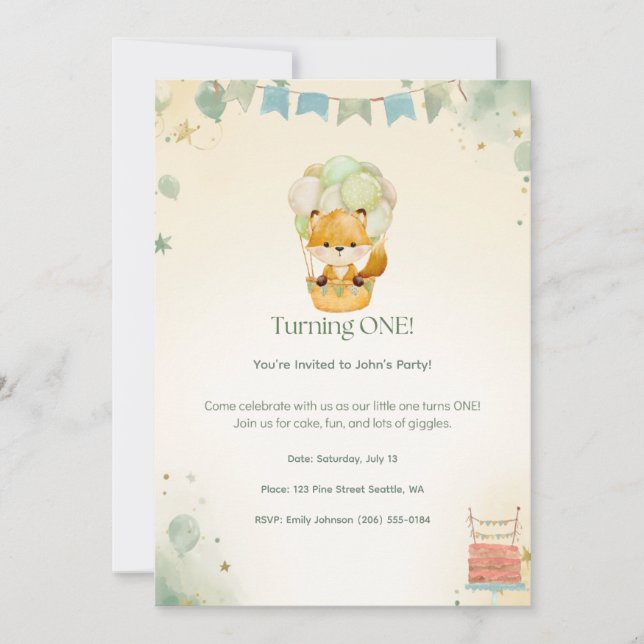 Invitación al 1er Cumpleaños de Little Fox (Anverso)