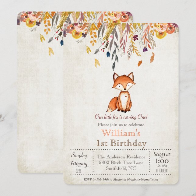 Invitación al 1er cumpleaños de Little Fox Fall (Anverso / Reverso)