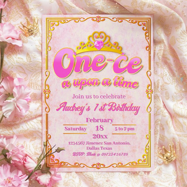 Invitación al 1er Cumpleaños de One-ce Upon a Time (One-ce Upon a Time - Girl 1st Birthday Invitation)