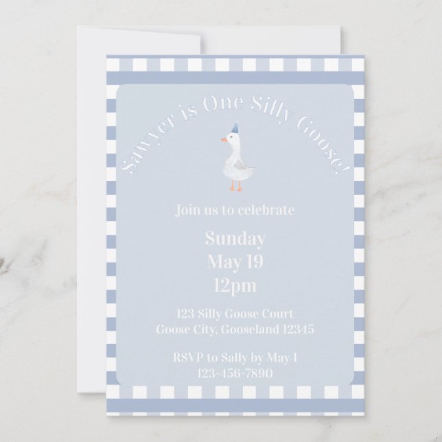 Invitación al 1er Cumpleaños de Silly Goose (Azul  (Anverso)