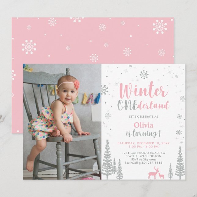 Invitación al 1er Cumpleaños de Winter Onederland  (Anverso / Reverso)