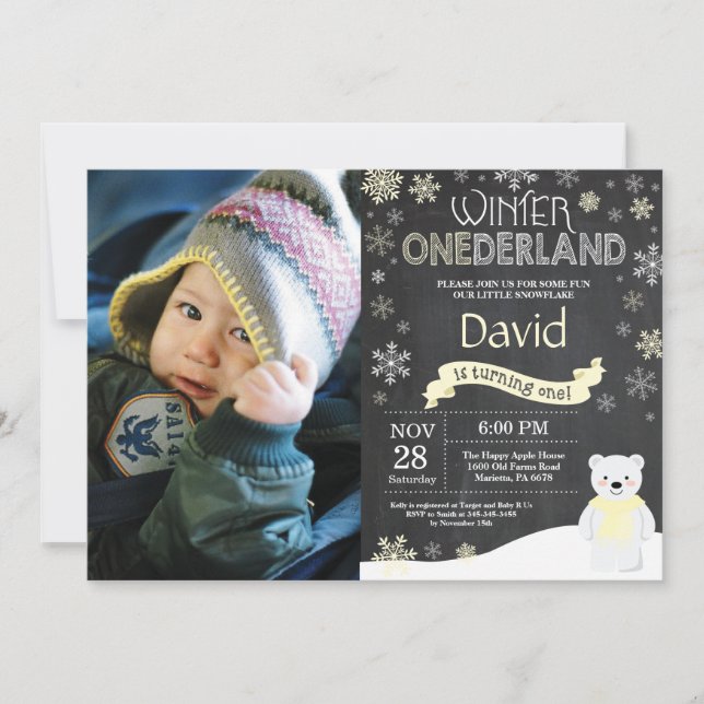 Invitación al 1er cumpleaños de Winter Onederland (Anverso)