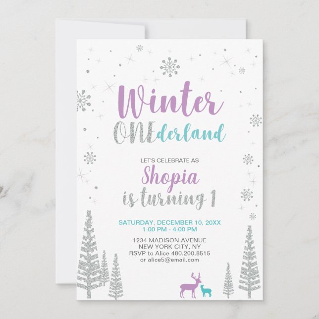 Invitación al 1er Cumpleaños de Winter Onederland  (Anverso)