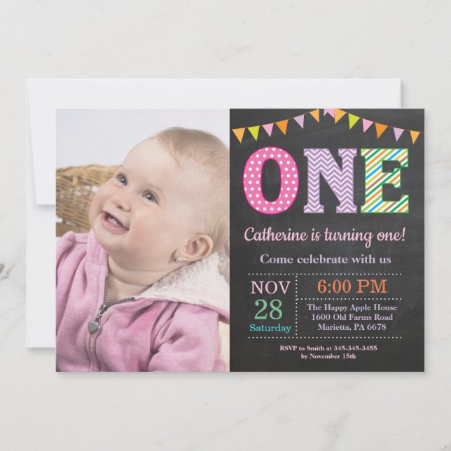 Invitación al 1er cumpleaños. Foto del primer cump (Anverso)