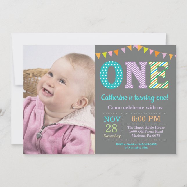 Invitación al 1er cumpleaños. Foto del primer cump (Anverso)