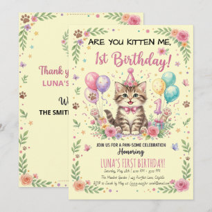 Invitación al 1er Cumpleaños, Gatito de Flores Cre