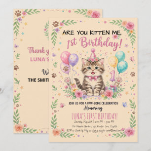 Invitación al 1er Cumpleaños, Gatito de Flores Ros