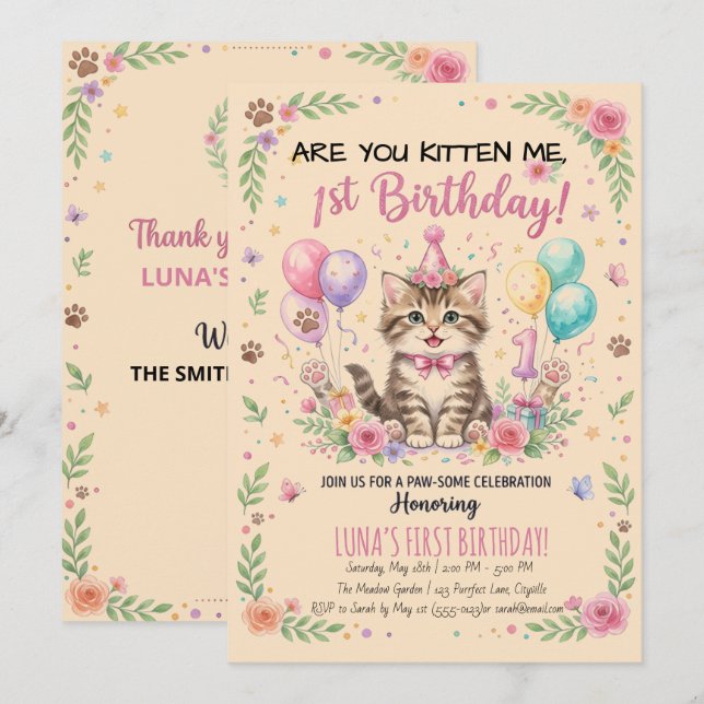 Invitación al 1er Cumpleaños, Gatito de Flores Ros (Anverso / Reverso)