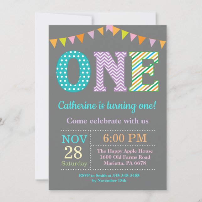Invitación al 1er cumpleaños. Primera Cumpleaños N (Anverso)
