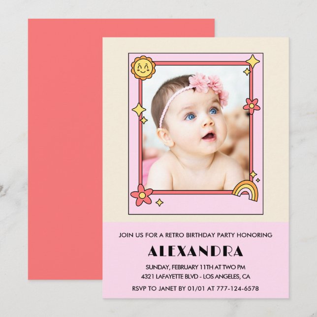 invitación al 1er cumpleaños Retro Groovy Floral R (Anverso / Reverso)
