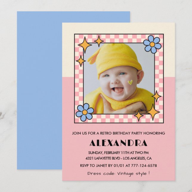 invitación al 1er cumpleaños Retro Groovy Flores R (Anverso / Reverso)