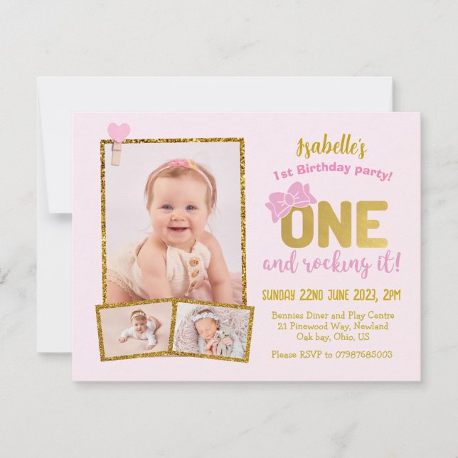 invitación al 1er cumpleaños, rosa niñas primer cu (Anverso)