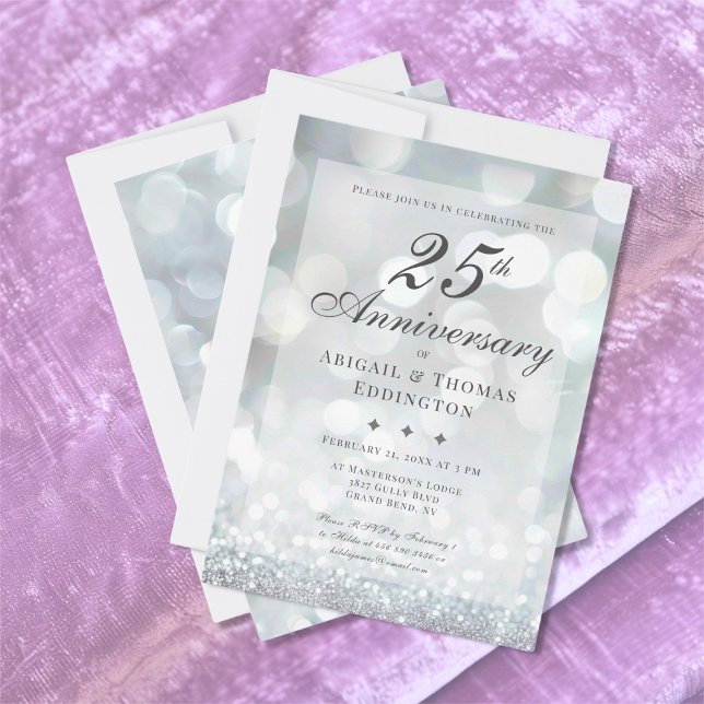 Invitación al 25º aniversario Boda de Plata (Silver 25th Wedding Anniversary Invitation (silver bokeh))