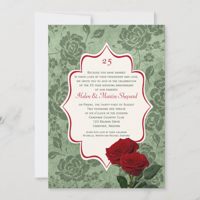 Invitación al 25º Aniversario de Boda de Rosas Roj (Anverso)
