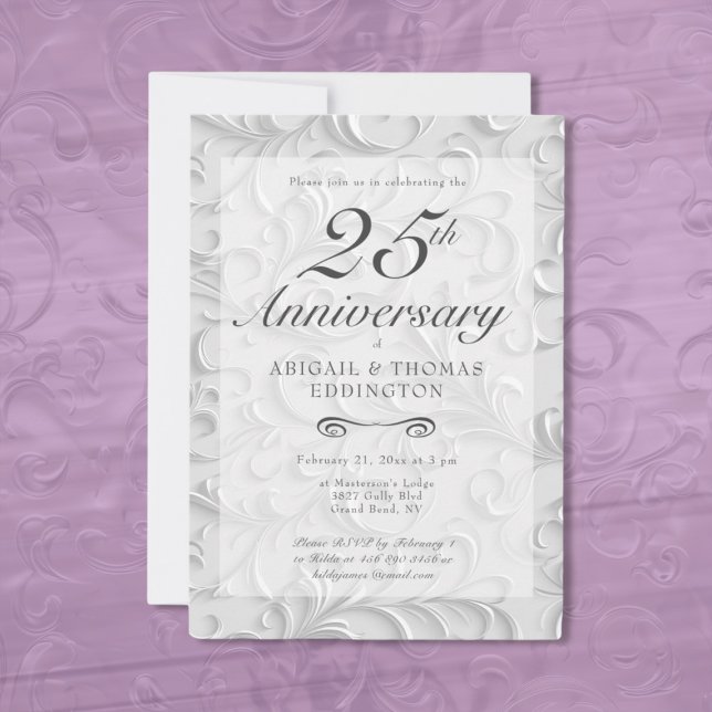 Invitación al 25º aniversario de Silver Swirls (Silver Swirls (Damask) 25th Wedding Anniversary Invitation)