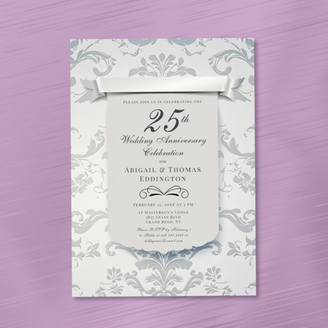 Invitación al 25º aniversario del Boda de Silver D (Silver Damask 25th Wedding Anniversary Invitation)