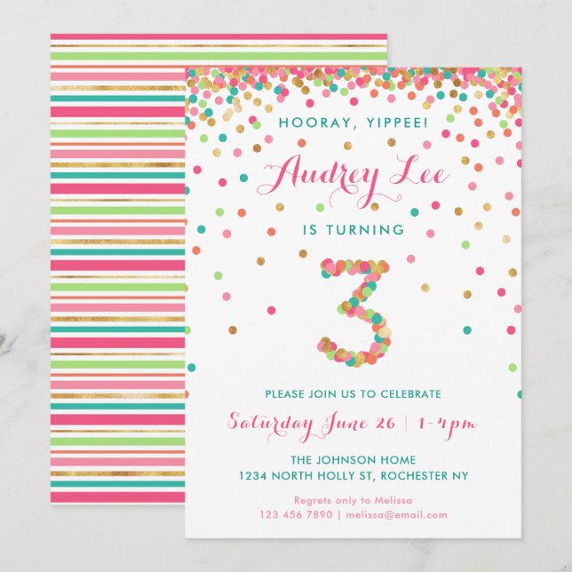 Invitación al 3er cumpleaños de niñas  fiesta de c (Anverso / Reverso)