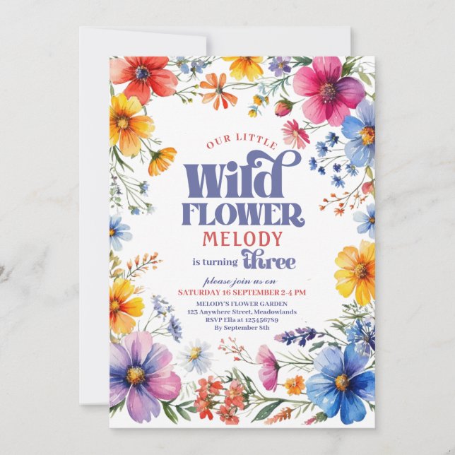 Invitación al 3er cumpleaños de Wildflower de tres (Anverso)