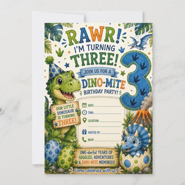 Invitación al 3er Cumpleaños Dino-Mite (Anverso)