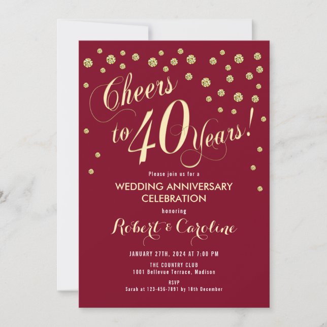 Invitación al 40° aniversario del Boda - Rojo y Or (Anverso)