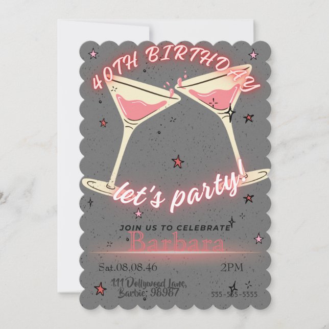 Invitación al 40 cumpleaños Cóctel Rosa (Anverso)