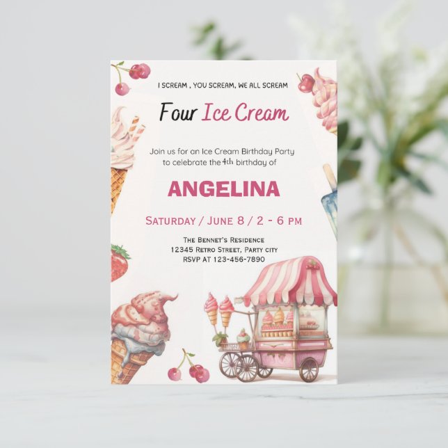 Invitación al 4to Cumpleaños de Helado Rosa | Pasa (Anverso de pie)