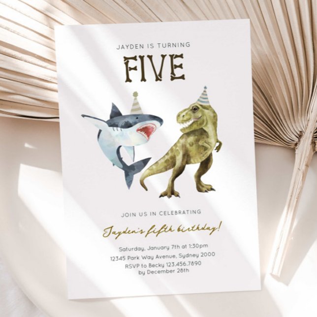 Invitación al 5º cumpleaños de tiburón y dinosauri (Subido por el creador)