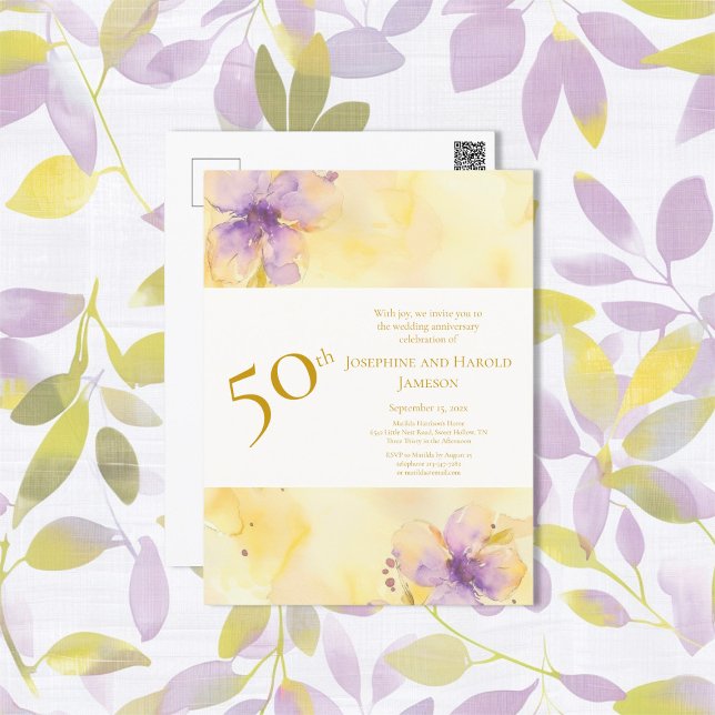 Invitación al 50° Aniversario de Violets Gold (Violets Gold 50th Wedding Anniversary Invitation Postcard)
