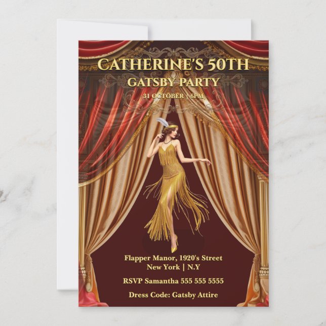Invitación al 50 cumpleaños de Gatsby Red Gold (Anverso)