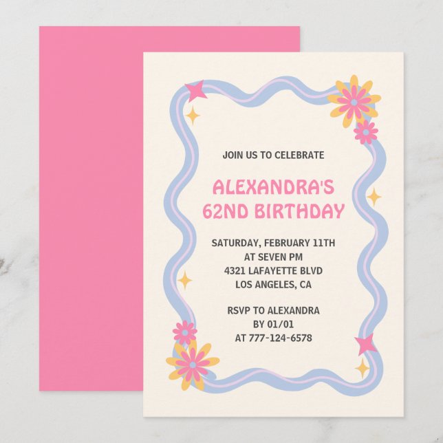 invitación al 62 cumpleaños Flores rosadas retro g (Anverso / Reverso)