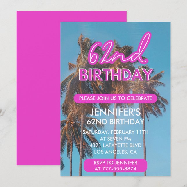 invitación al 62 cumpleaños Summer Pink Palma (Anverso / Reverso)