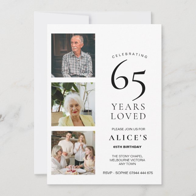 Invitación al 65 cumpleaños con foto, 65 años amad (Anverso)