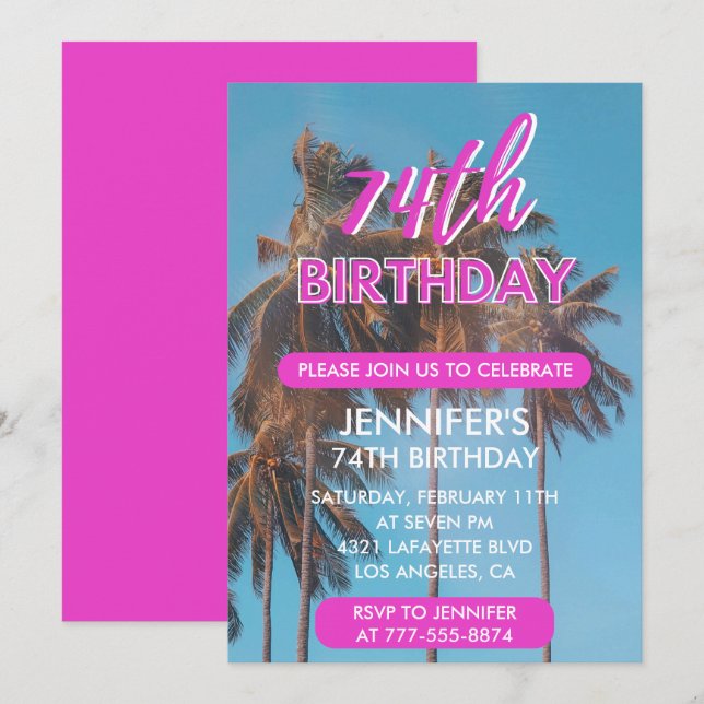 invitación al 74 cumpleaños Summer Pink Palma (Anverso / Reverso)