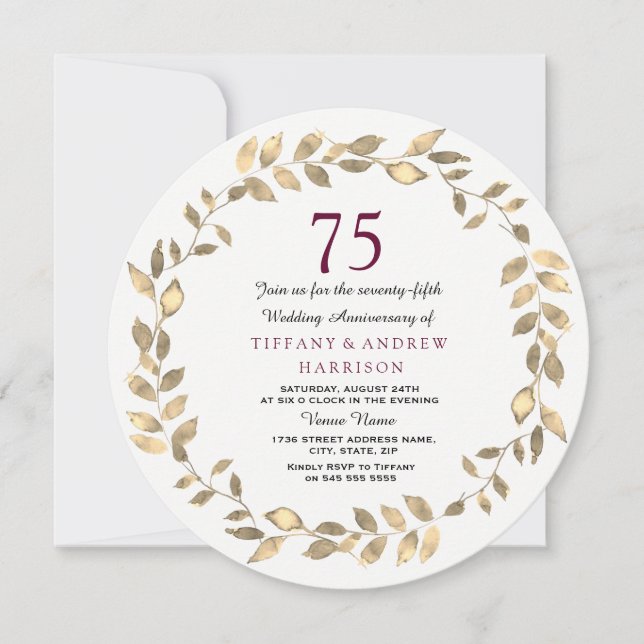 Invitación al 75° aniversario de Boda de Leaf Wrea (Anverso)