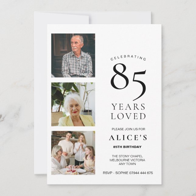 Invitación al 85 cumpleaños con foto, elegante y s (Anverso)