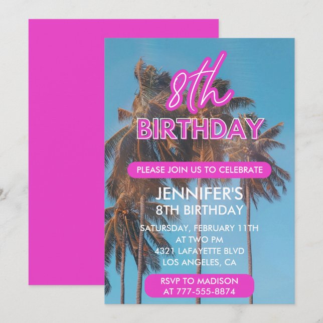 invitación al 8 cumpleaños Palma tropical de veran (Anverso / Reverso)