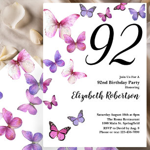 Invitación al 92 cumpleaños de Butterfly en rosa y