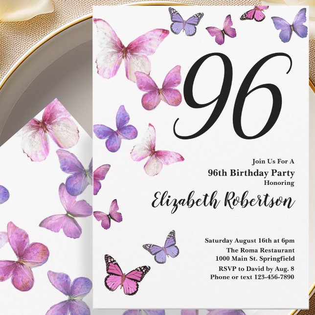 Invitación al 96 cumpleaños de Butterfly en rosa y (Subido por el creador)